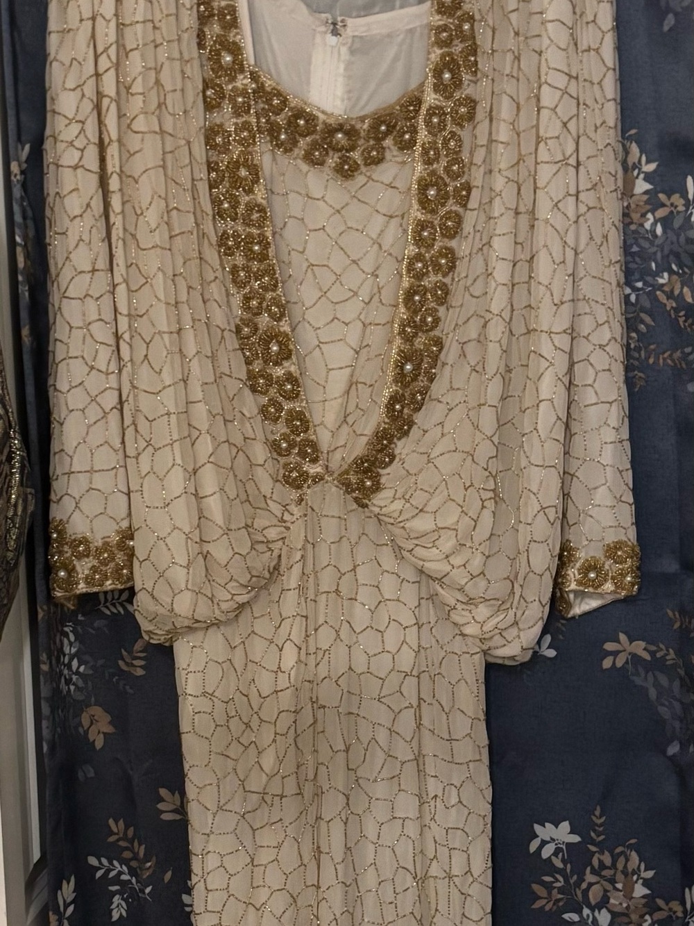 Lillie Rubin Embellished Cream Evening Gown with Gold Beading Pure Silk size S
